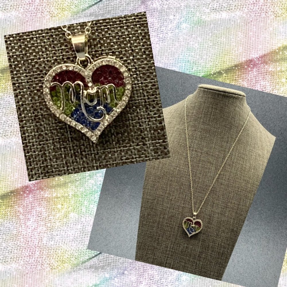 Multicolor Mom Silver Necklace Heart Script Cursive Pink Yellow Blue Rhinestone